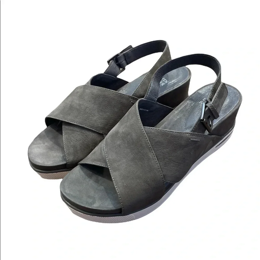 Eileen Fisher “Good” Leather Wedge Platform Sandal 8.5 Crisscross Graphite